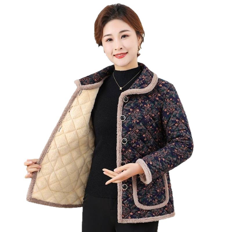 奶奶冬装棉衣翻领碎花外套妈妈装冬季加绒加厚棉服老太太短款棉袄|undefined