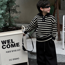 泰如2025冬季新款韩版男童加厚宽松条纹套头连帽毛衣儿童上衣潮