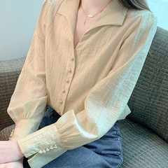 秋装新款宽松肌理感显瘦长袖别致漂亮小衫2025设计感翻领衬衫女
