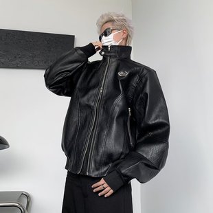Niche design high-grade PU leather coat men's short motorcycle clothing shoulder pad metal embellished loose all-match jacket jacket