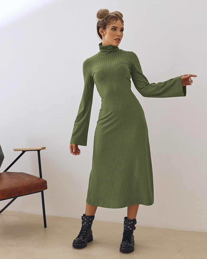 high collar long sleeve slim solid color dress NSSQS139533