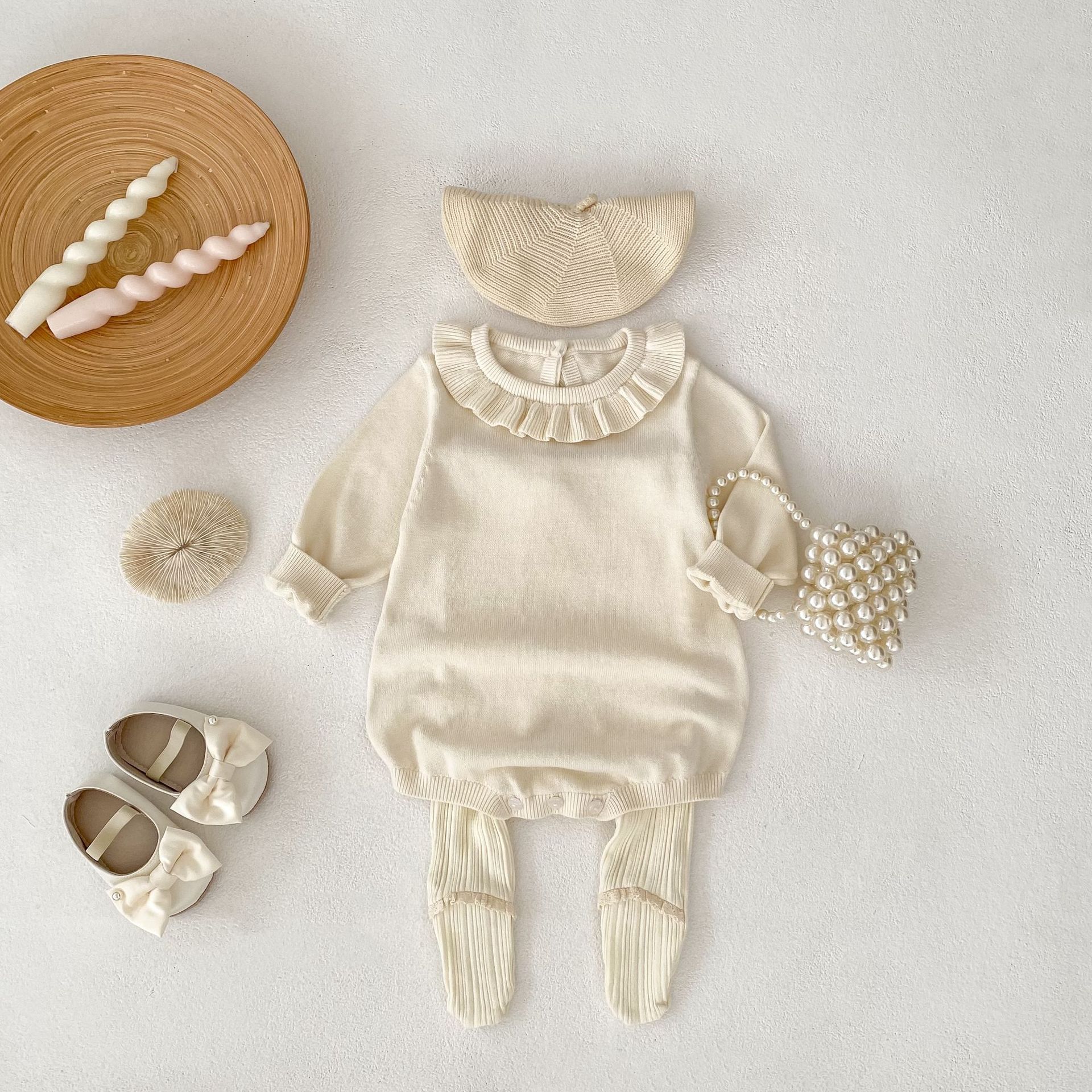Versatile Lace Collar Long Sleeve Knitted Romper Socks Two-piece Set