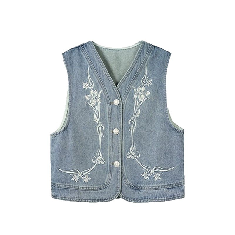 2025年秋新作 刺繍入りノースリーブファッションデニムベストジャケット レトロカーディガンベストトップス レディース|undefined