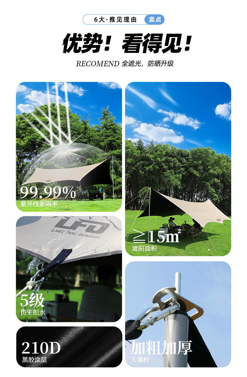 Outdoor Vinyl Canopy for Camping on the Beach, Rainproof and Sunshade, Portable Oxford Cloth Sunshade