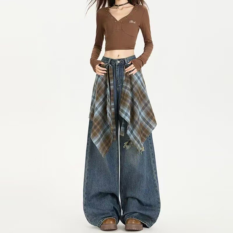 Cross-Border Trade American Retro Plaid Wide-Leg Jeans for Women 2025 Autumn New Loose Wide-Leg Pants