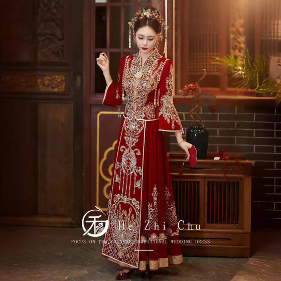 Velvet Xiuhe dress 2023 New Bridal Senior wedding toast wedding dress Chinese wedding dress women's slimming out-of-court dress