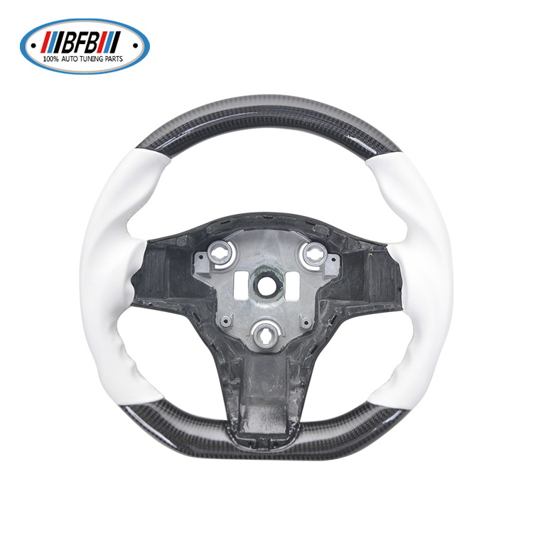 100% Real Carbon Fiber Forged Steering Wheel with White Leather and White Stitching - For Tesla Model Y - Modification