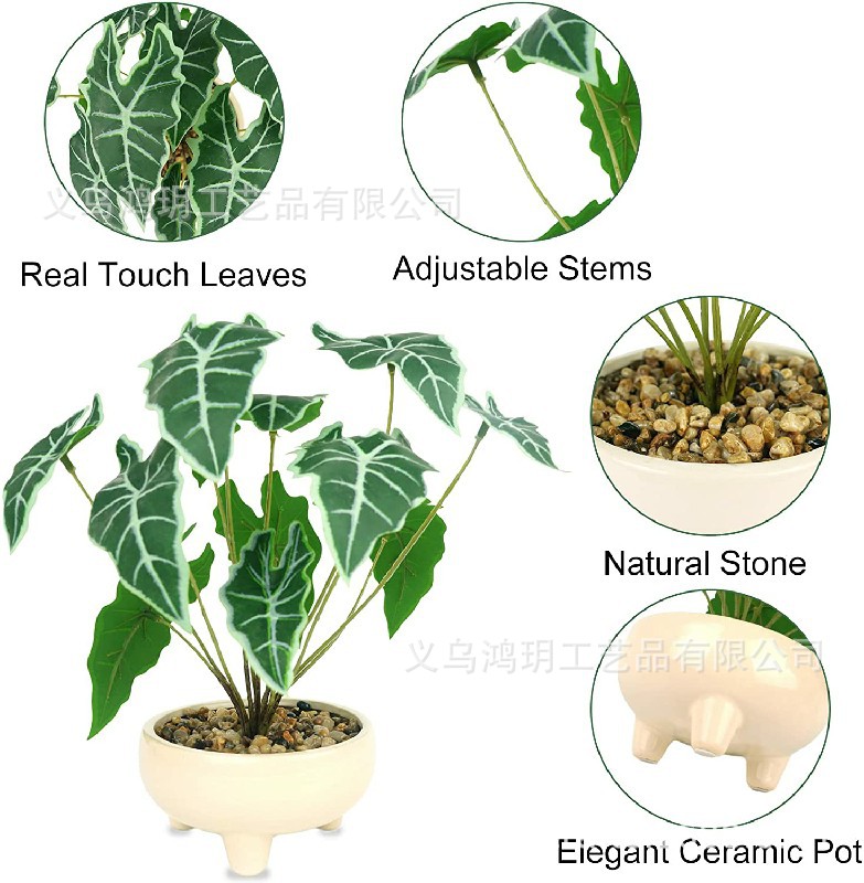 小型人造迷你盆栽绿叶假植物天然石材和陶瓷盆办公室桌面浴室装饰