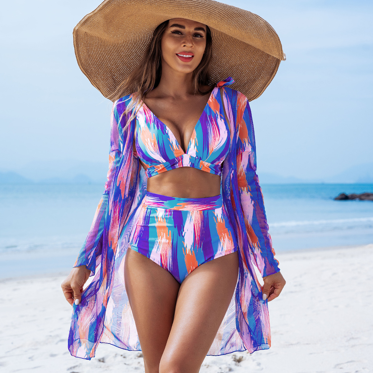 La nueva moda de alta gama sexy jersey de malla multicolor de tres piezas bikini bikini