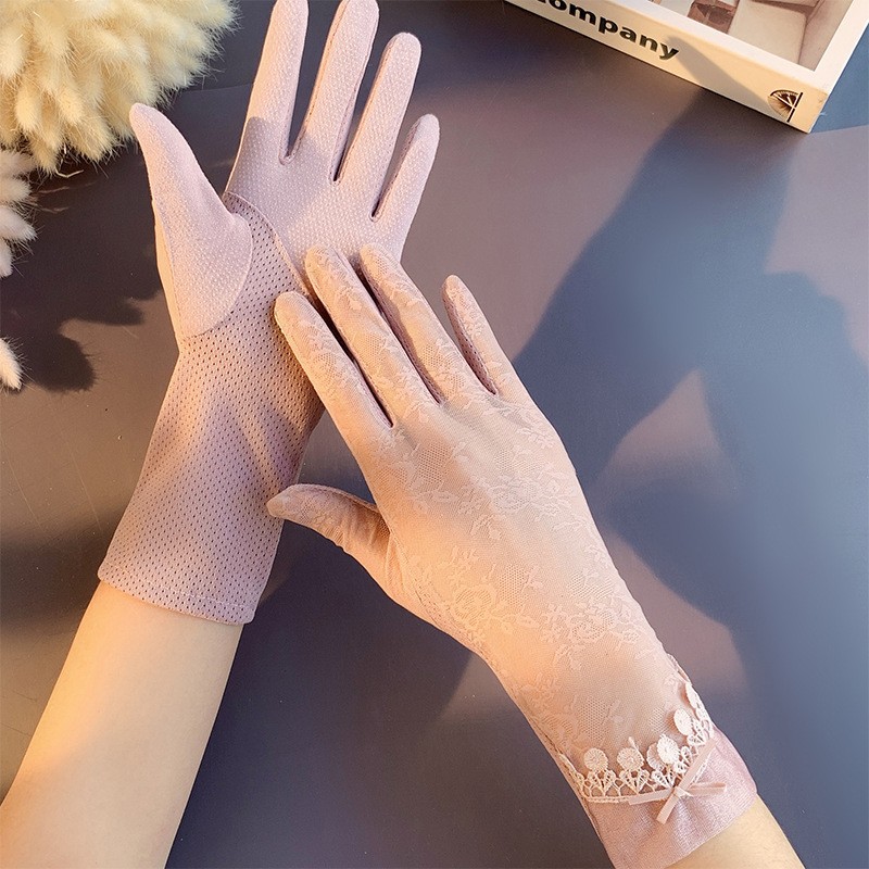 Guantes de protección solar primavera y verano encaje arco guantes de pantalla táctil de conducción de las mujeres transpirable al aire libre protección solar guantes de equitación