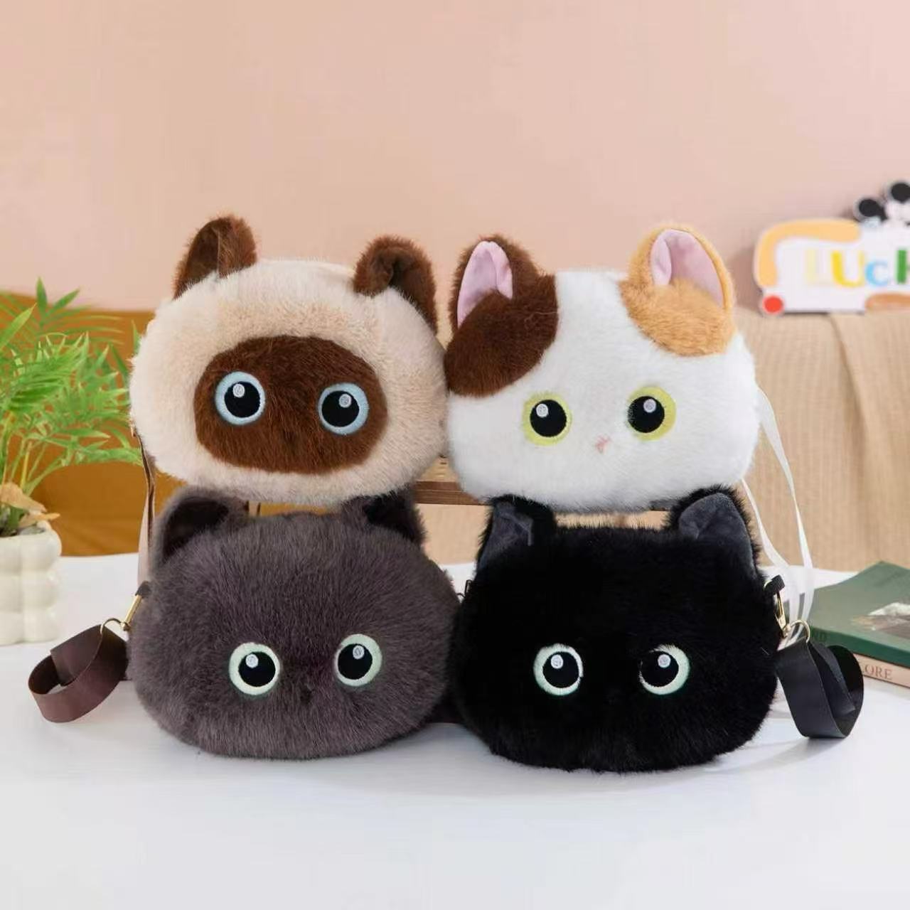 New Cute Cat Plush Toy with Big Head, Children's Birthday Gift, Three-Colored Cat, Siamese Cat, Black Cat