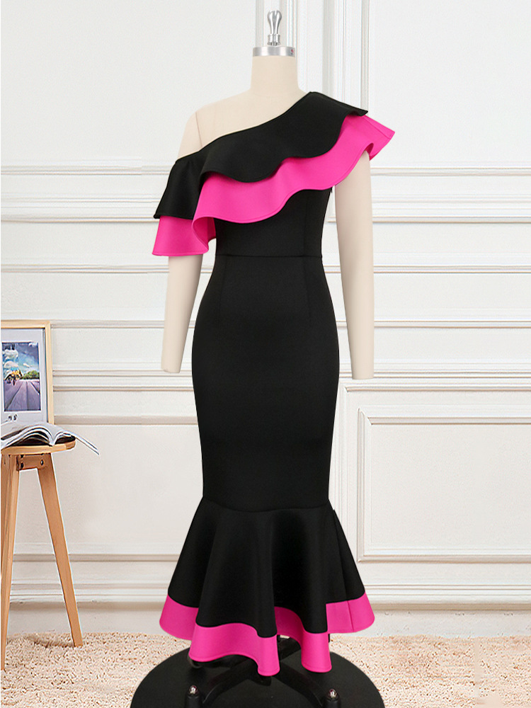 Plus Size Women's Dress One Shoulder Backless Ruffle Fishtail Dress_voghion.com