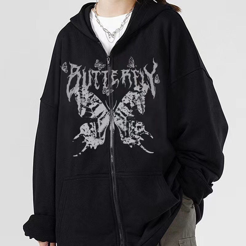 Gothic Kapuzenpullover Mit Schmetterling Unisex Zip-up Sweatshirt_voghion.com