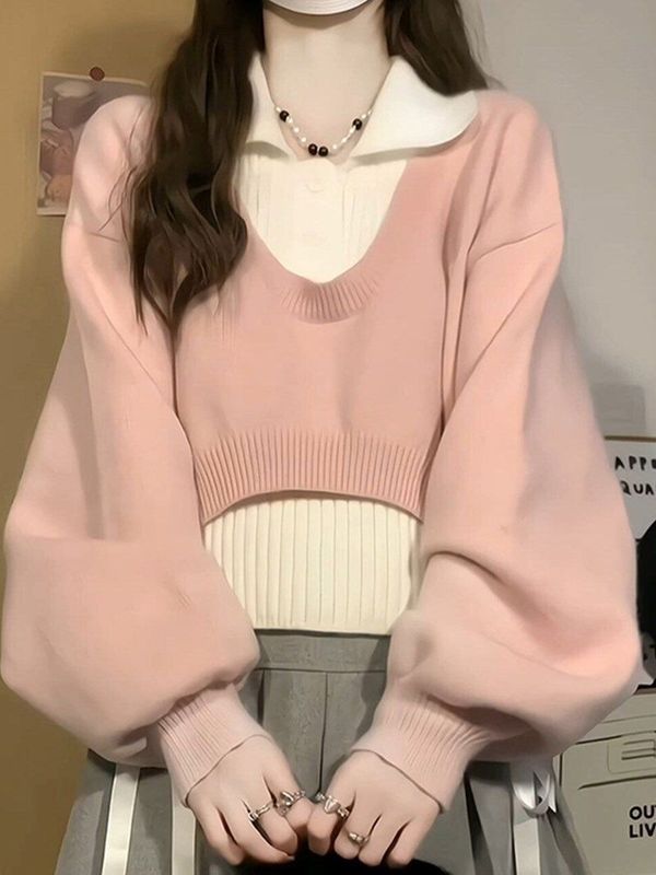 韩系百搭慵懒风粉色polo领气质针织衫两件套短款上衣毛衣女春秋|undefined