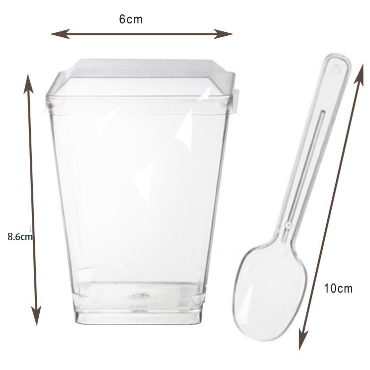 Traje taza de mousse cuadrada de 5oz con tapa y cuchara en caja taza de pastel taza de plástico desechable transparente 160ml