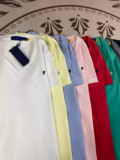 RL Ralph Pony Logo V-neck Short Sleeve American Slimming Bottom Coat Embroidered Pure Cotton Summer T-shirt Women's Solid Color Top