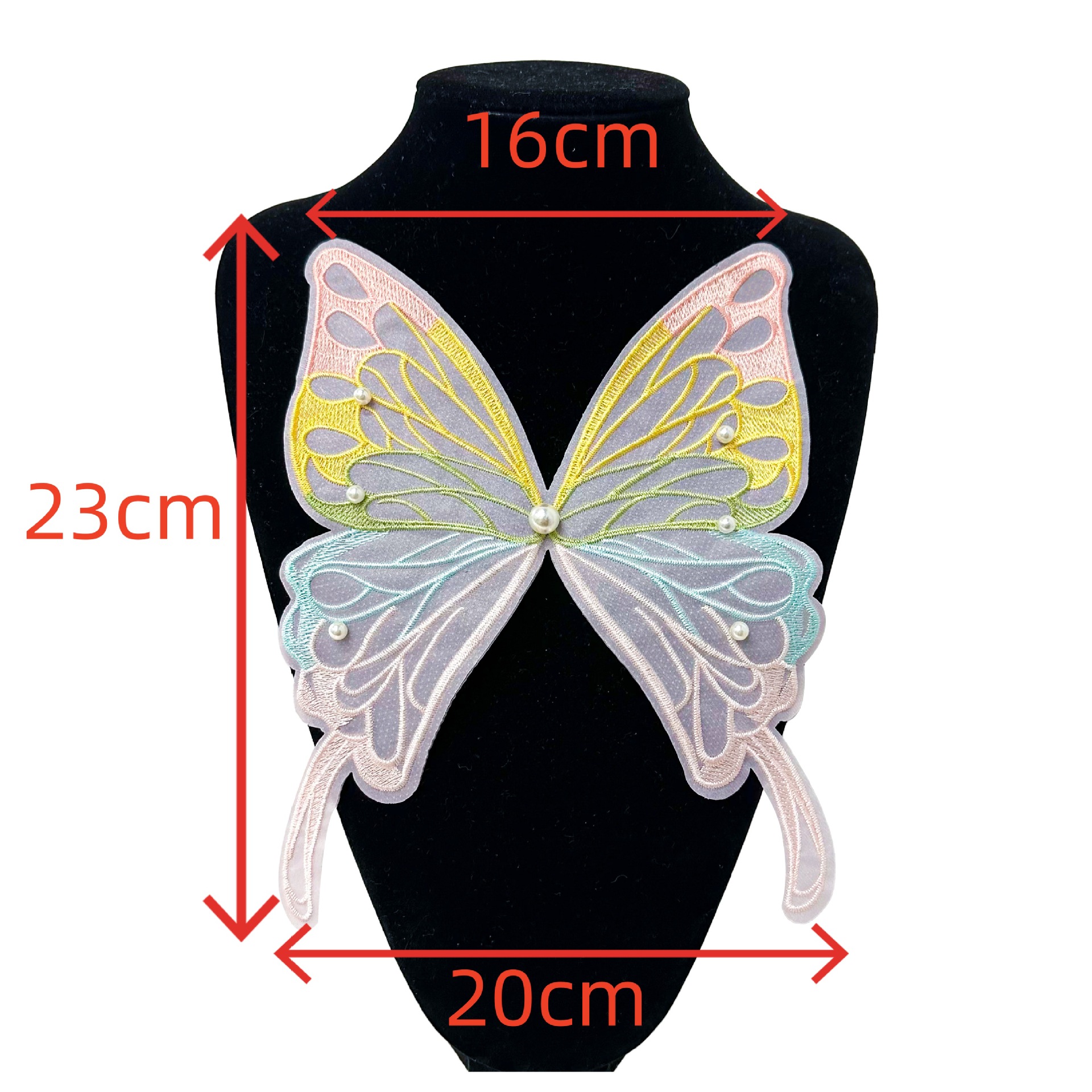 En stock, bordado de organza, colorida mariposa de perlas tridimensional, horquilla no adhesiva, accesorio para el cabello para ropa infantil, decoración de parches de tela