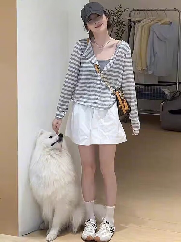 夏季韩系一整套绝美条纹长袖防晒开衫配吊带配显瘦阔腿短裤三件套|undefined