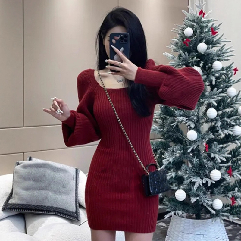 Spring New Christmas Red Niche Puff Sleeve Square Neck Knitted Dress Women's Slim Sweater Lantern Sleeve Hip Skirt Spring New Christmas Red Niche Puff Sleeve Square Neck Knitted Dress Women's Slim Sweater Lantern Sleeve Hip Skirt