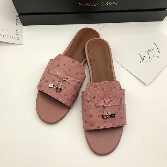 LP Genuine Leather Ostrich Flat Slippers Women's Apricot Open Toe Shops Summer Large Size Women's Shoes 41-43 Factory Outlet