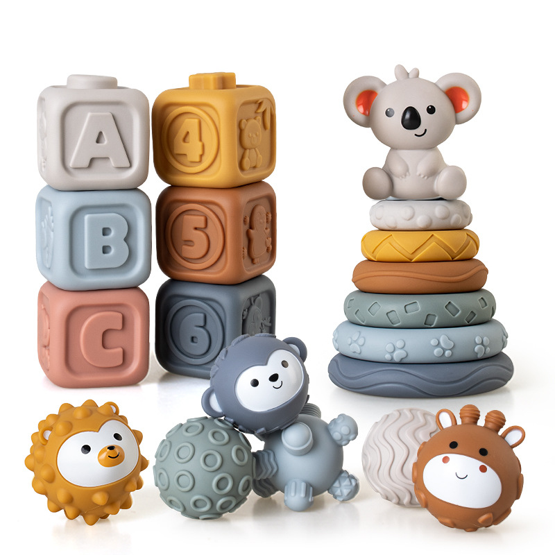 Juguetes transfronterizos de agarre de mano para bebés y niños pequeños, bloques de bloques de goma suave, círculos apilados, pellizcos para bebés, juguetes apilados de bolas image 11