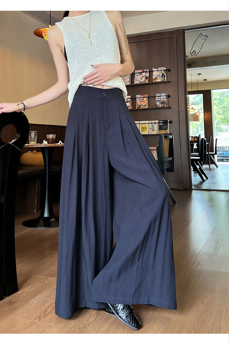 Quần tây nữ vải lanh cạp cao ống rộng mùa hè — Xanh lông mòng đen chi tiết 37
