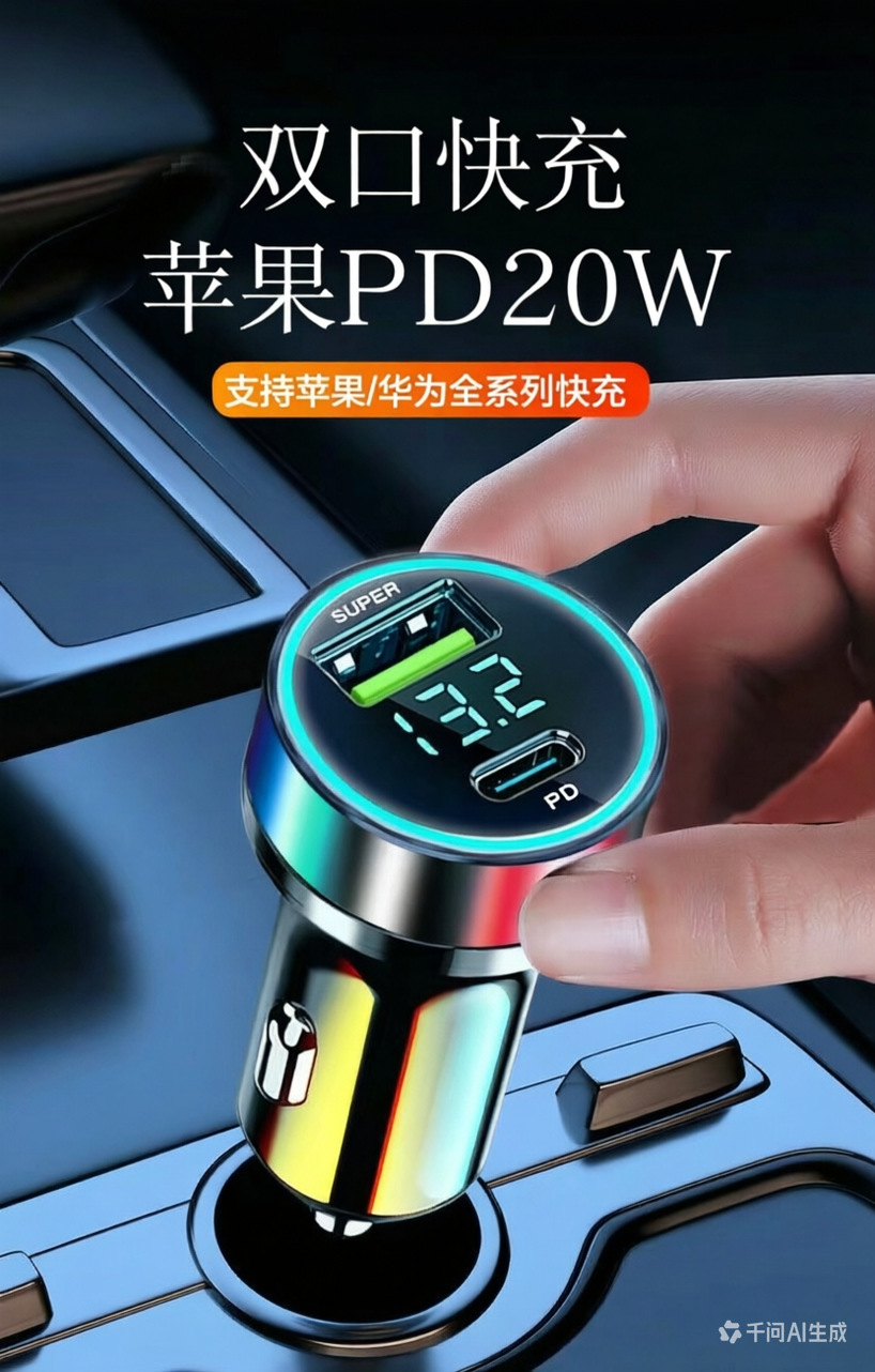 Digital Display 120W Car Mobile Phone Charger Super Fast Charging Suitable for Huawei and Apple Pd Flash Charging Aluminum Alloy Car Charger