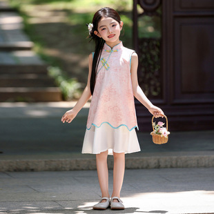 Pink Children's Cheongsam for Girls, Chinese Style 2025 Summer New Jacquard Thin Improved Girl Tang Suit Dress