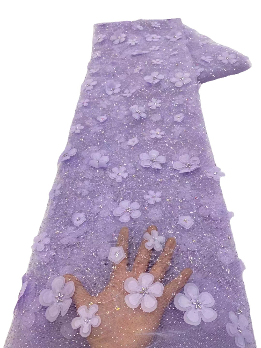 Tela de encaje de flores tridimensional con cuentas ropa infantil fresca vestido de hadas tela de encaje bordado JX3429