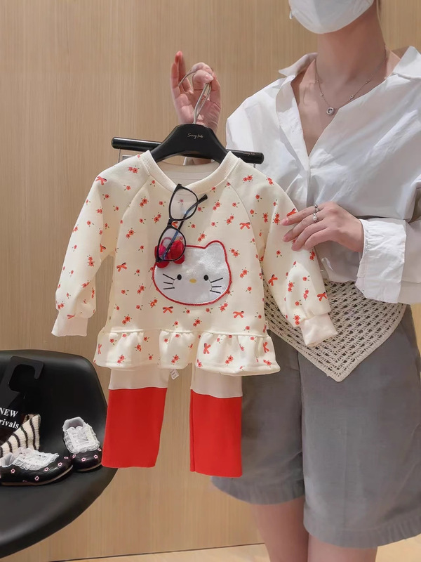 2025女童秋季套装新款韩范卡通Kt猫碎花裙摆卫衣拼色打底裤甜美套|undefined