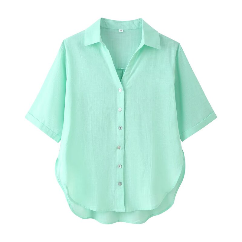 Myst&Za Summer New Cross-Border Women's Clothing European and American Style Fashion Simple Solid Color Lapel Short-Sleeved Loose Shirt