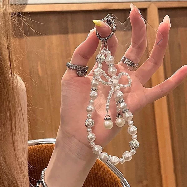 New Diamond-Encrusted Pearl Bow Chain Mobile Phone Lanyard Hand Chain Keychain Camera Headphone Cover Bag Pendant
