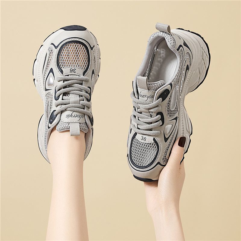 Giày sneaker nữ da thật lưới đế dày thoáng khí chống trơn tăng chiều cao 2025 — JST 7009 xám xanh [mạng đôi], JST 7132 Bạc [Mẫu lưới đơn mùa hè], Thẻ JST 7036m [mạng kép], JST 7009-1 Xám Xanh [Mẫu lưới đơn mùa hè]