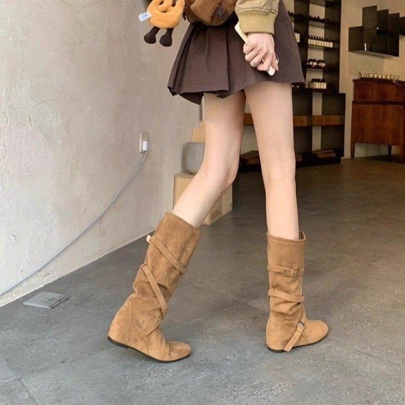 增高6cm~2025秋季新款韩系圆头扣带柔软褶皱显瘦复古做旧中筒靴女|undefined