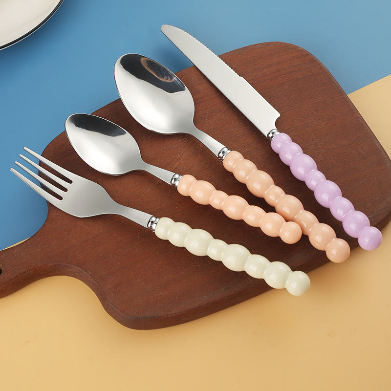 Stainless Steel Spoon Pearl Imitation Ceramic Handle Tableware Set 24Pc High Appearance and High Temperature Resistant Pointed Spoon