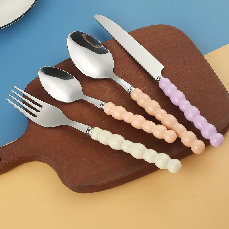 不锈钢勺子珍珠仿陶瓷手柄餐具套装24PC高颜值耐高温尖勺调羹