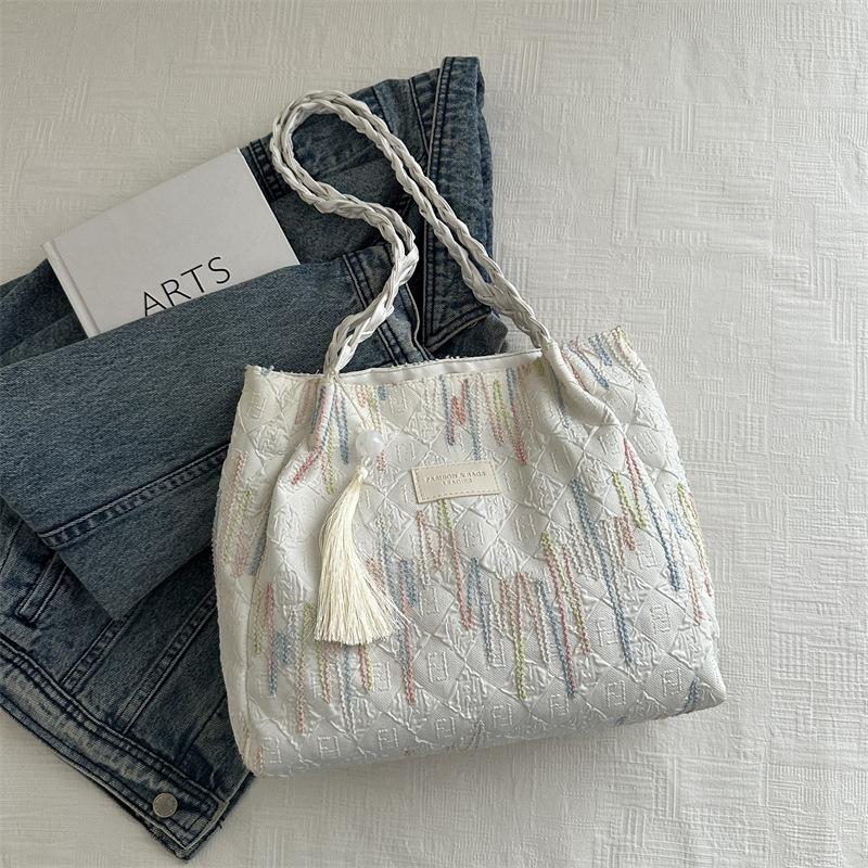 Bolsa de lona bordada a rayas de gran capacidad para mujeres 2024, nueva bolsa de hombro para estudiantes universitarios de clase