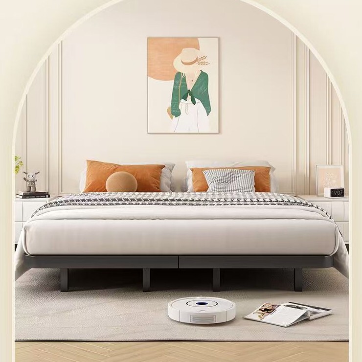 Wrought Iron Bed for Home Use, Thickened Double Bed with Carbon Steel Frame, Headboard-Less Iron Frame Bed, Tatami Ribbed Floating Bed
