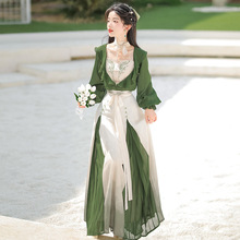 原创设计青绿中国风改良汉元素汉服女吊带上衣半裙套装8572