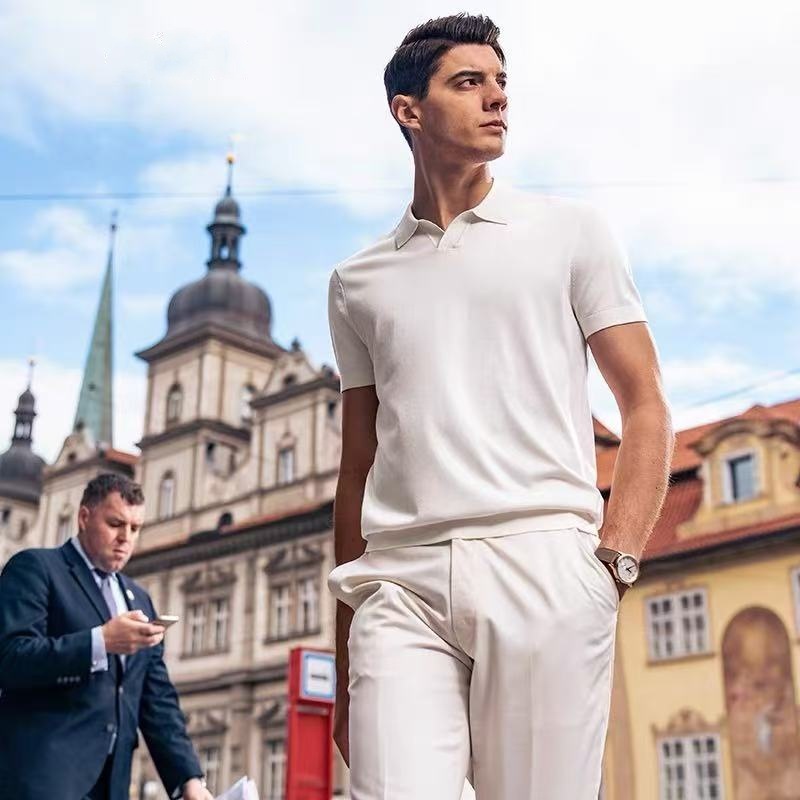 Polo de negocios de solapa suave y cerosa delicada y fresca para hombre, manga corta de punto de verano para hombre, cuello de gaviota para hombre, comercio exterior transfronterizo al por mayor