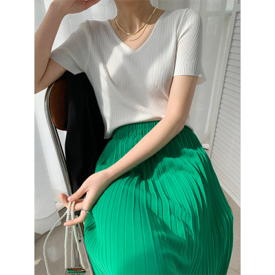 橘芷2021夏女纯色V领短袖减龄针织衫显瘦气质修身6色打底衫0115