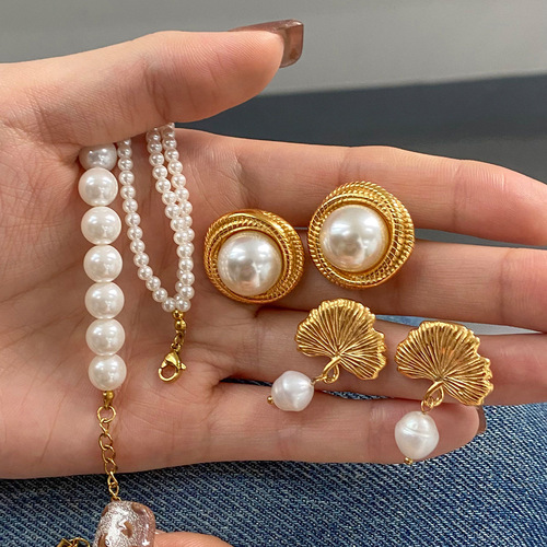 Jiding European & American Style Stainless Steel Pearl Necklace, High-End Exaggerated Flower Earrings, Titanium Steel Accessories