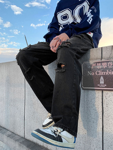 Euro-American vibe pants: High-street smoke-gray distressed denim jeans—men's autumnal American-style streetwear, featuring straight-leg, edgy, long-length designs.