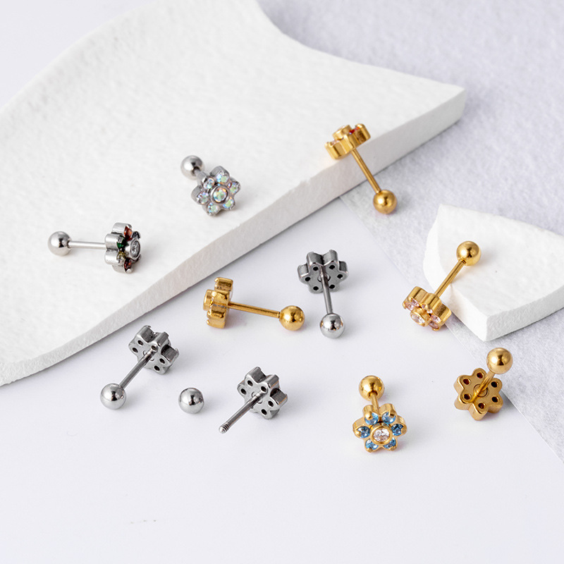 Fashion Flower Stainless Steel Plating Inlay Zircon Ear Studs 1 Piece