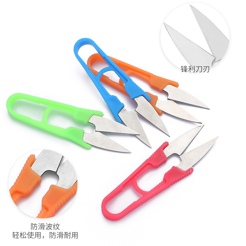 Tijeras de hilo de plástico de color, tijeras pequeñas para el hogar, herramientas de punto de cruz, tijeras de hilo de costura, mini tijeras en forma de U al por mayor