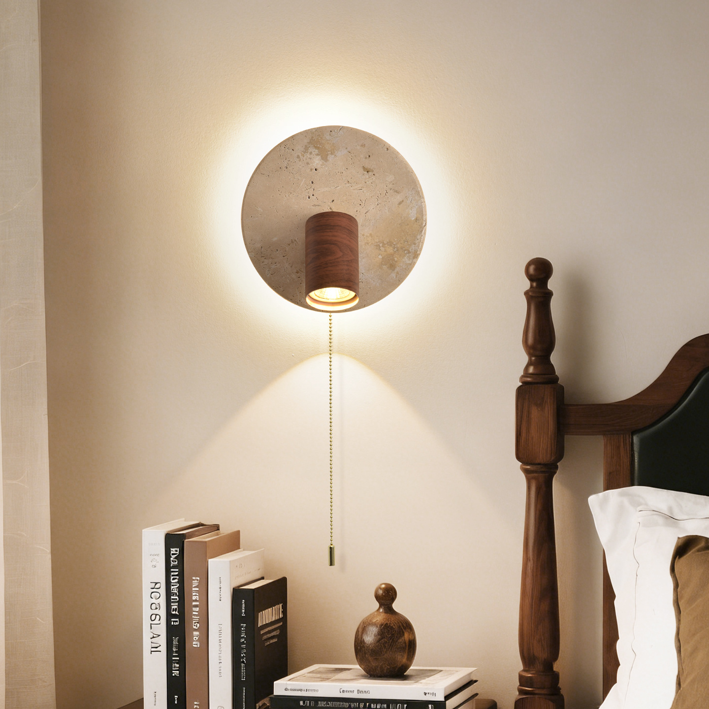 Luces de cabecera del dormitorio de Gu Jia, viento silencioso, pasillo de piedra de piedra de color nuez, lámpara de pared de fondo de la sala de estar 125L