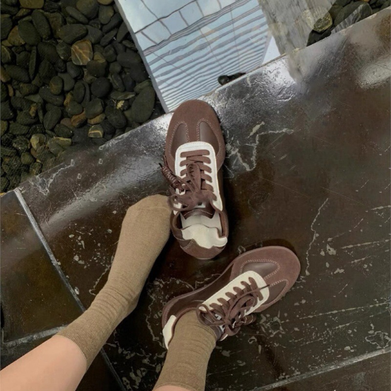 牛皮版~复古德训鞋女拼色系带圆头休闲运动板鞋百搭增高阿甘鞋女|undefined