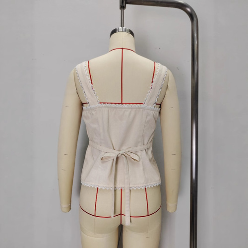 Elegant Americana-style women's French vintage cotton-linen lace patchwork fashionable button-down halter top with sleeveless backless upper garment