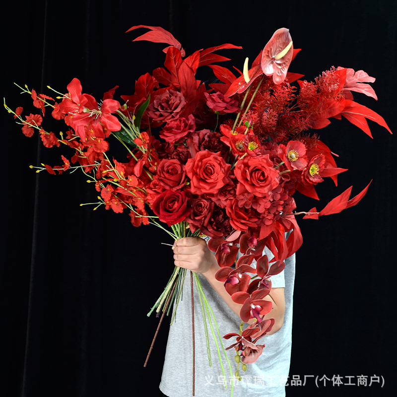 Wedding Hall Silk Flower Ceiling Decoration Chinese-Style Red Series Artificial Floral Arrangement Big Red Peony Rose Fake Flowers