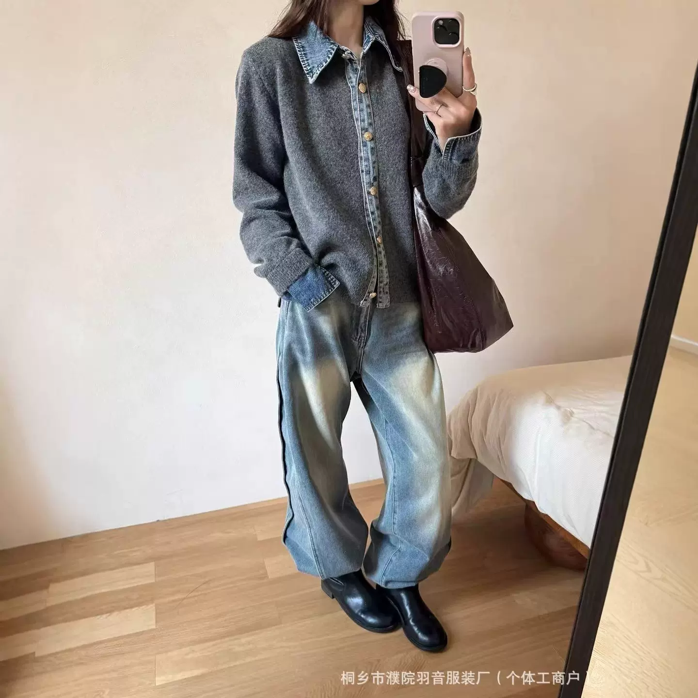 韩系早秋新款重磅2025东大门毛衣外套女优质牛仔拼接假两件针织衫